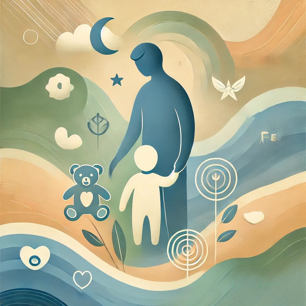 Illustration symbolisant le soutien et l’accompagnement des enfants de plus de 4 ans pour l’énurésie, les troubles du sommeil, les peurs et la succion du pouce.