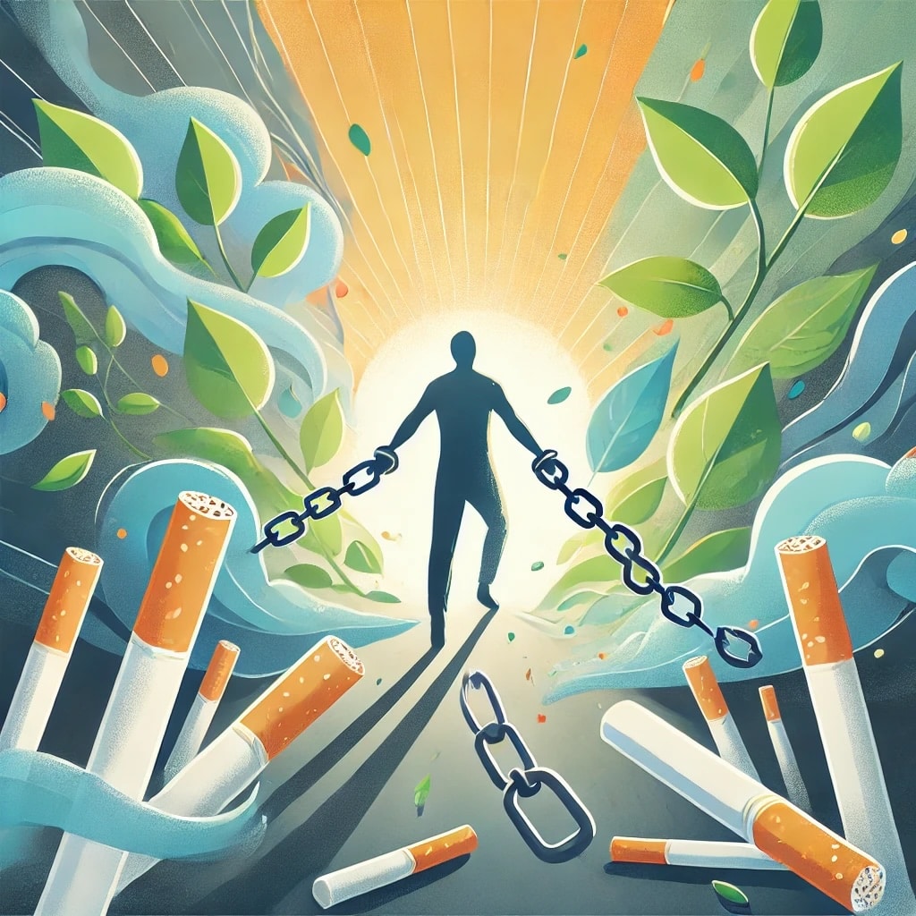 Illustration symbolisant le soutien dans le processus de sevrage tabagique ou d’autres dépendances, avec une figure se libérant de chaînes dans un fond lumineux.