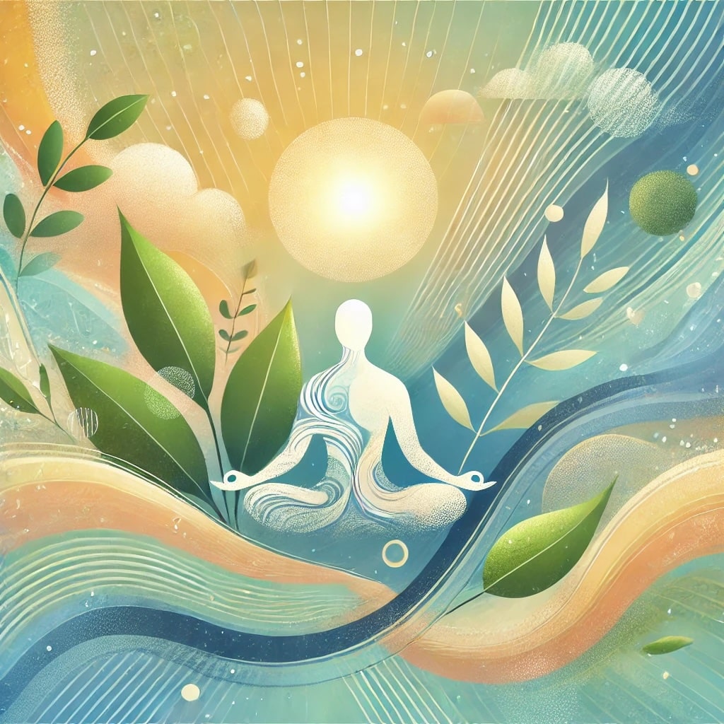 Illustration représentant la gestion de la douleur chronique à travers des techniques naturelles, avec une figure apaisée entourée d’éléments naturels comme des feuilles et une lumière douce.