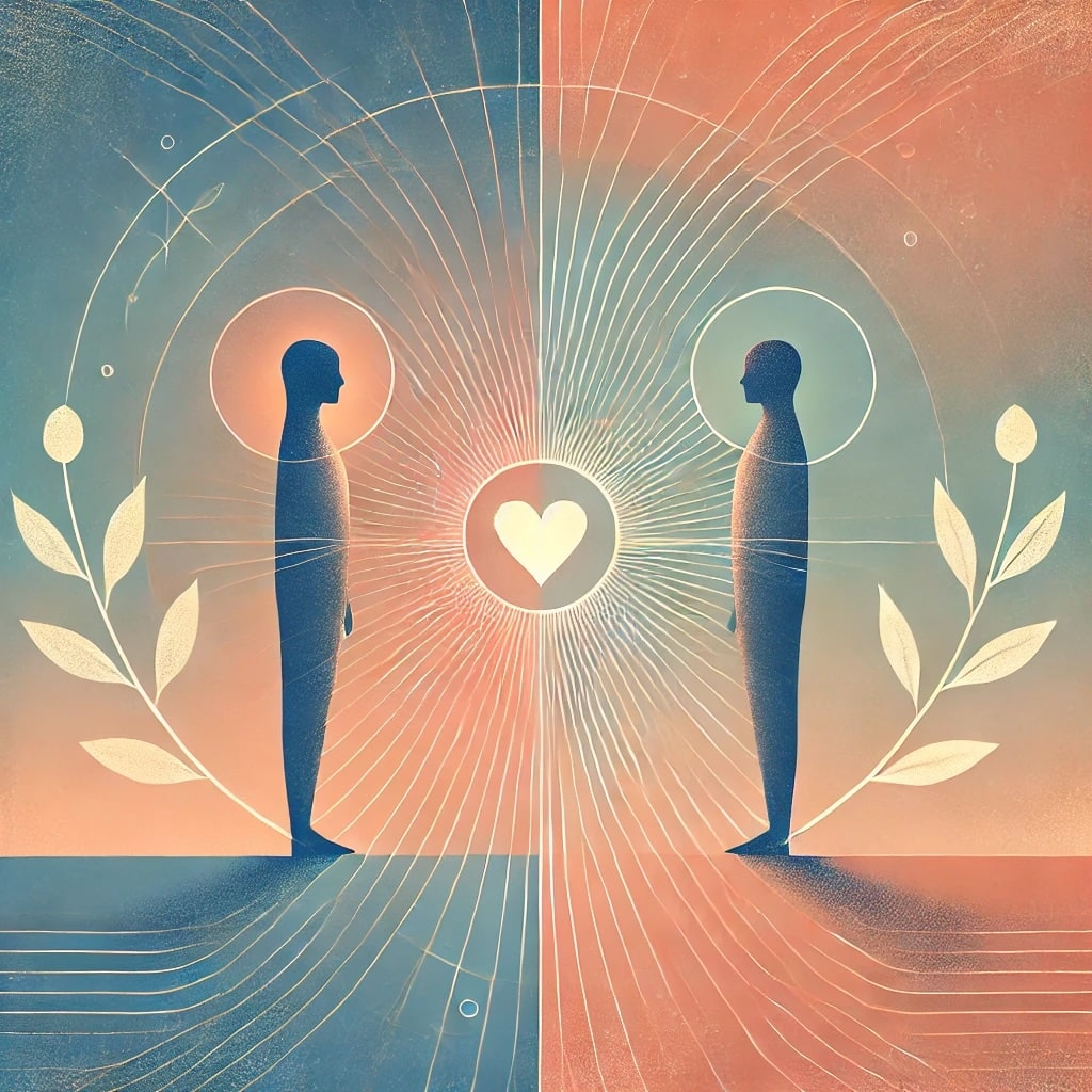 Illustration représentant la médiation de couple, avec deux figures reliées par un pont lumineux, symbolisant le dialogue et la réconciliation