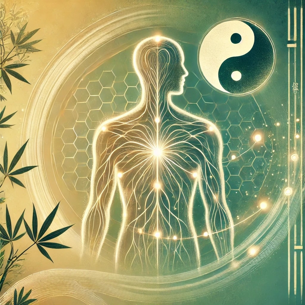 Illustration des soins énergétiques selon la médecine chinoise, montrant une silhouette humaine avec des flux d’énergie et des éléments comme le yin-yang et des feuilles de bambou.